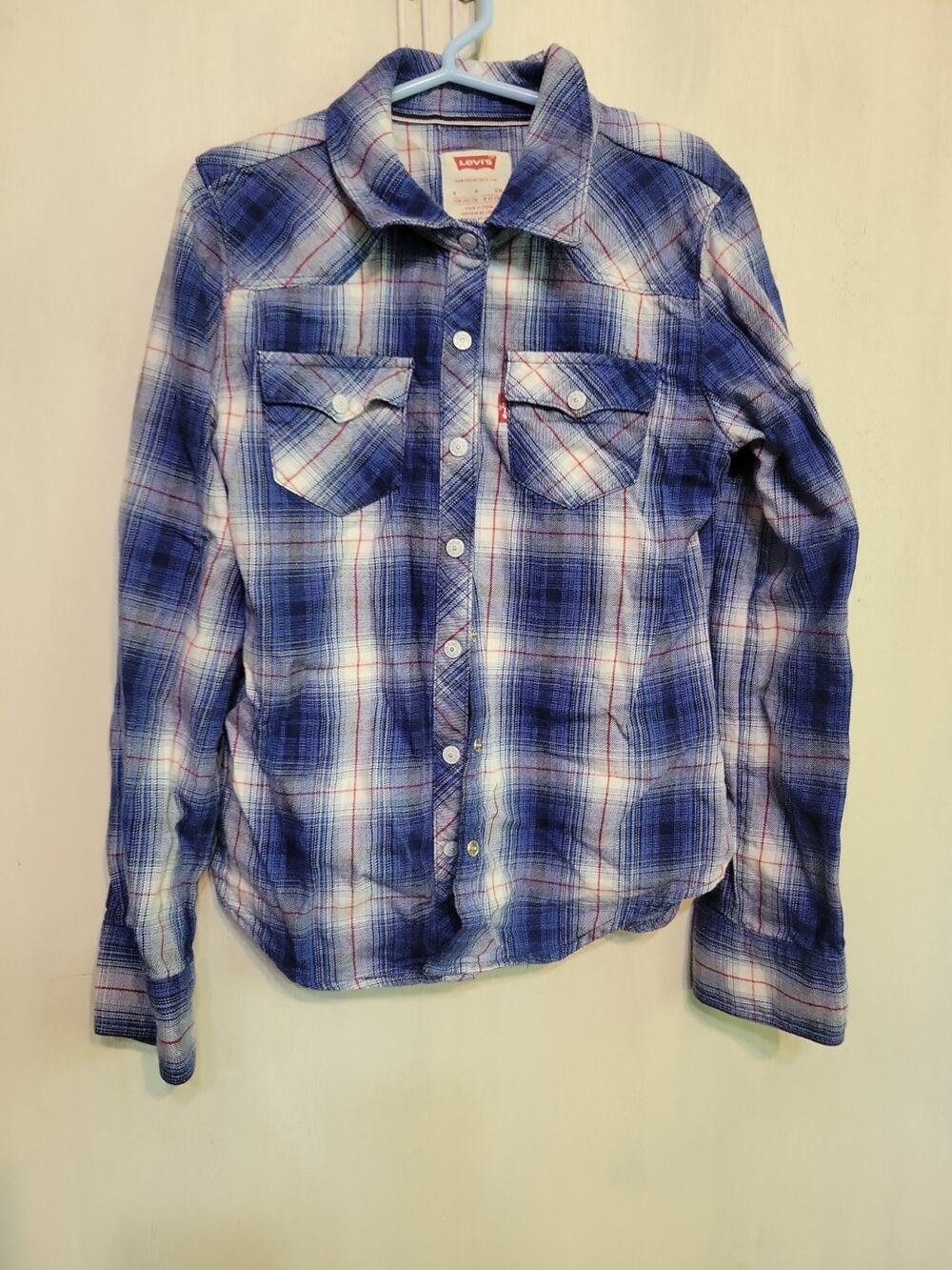 Girls Small Levis Blue white red Plaid Long sleeve button down Snaps